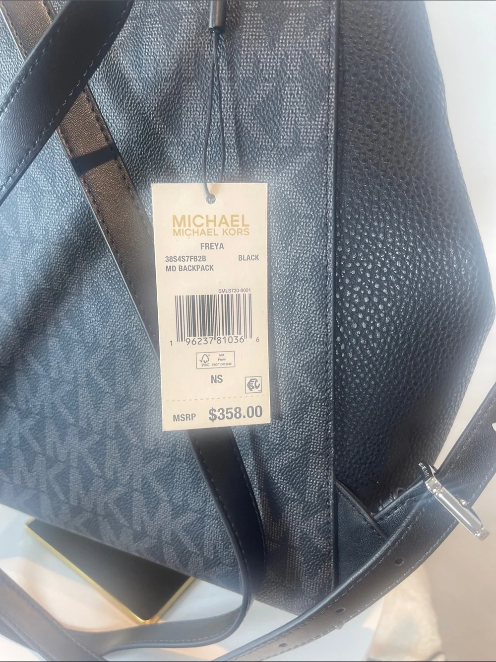 Michael Kors Black MK Logo Pattern Backpack , Size Medium.